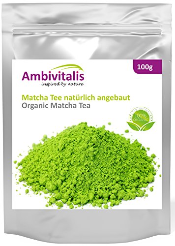 Ambivitalis Matcha-Tee aus natürlichem Anbau | 100g Matcha-Pulver Vegan und Vegetarisch | Grüner Tee gemahlen zum Backen, Kochen und für grüne Smoothies