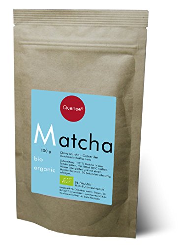Quertee® - Bio Matcha Tee - Vegan für klassischen Matcha Tee - Bio Matcha Tee Pulver aus kontrollierten biologischem Anbau - zum Trinken, für Smoothies, zum Kochen und Backen - 100 g